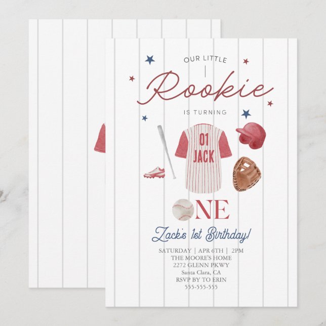 Rookie Baseball Custom name Boys 1st Birthday Invitation (Front/Back)