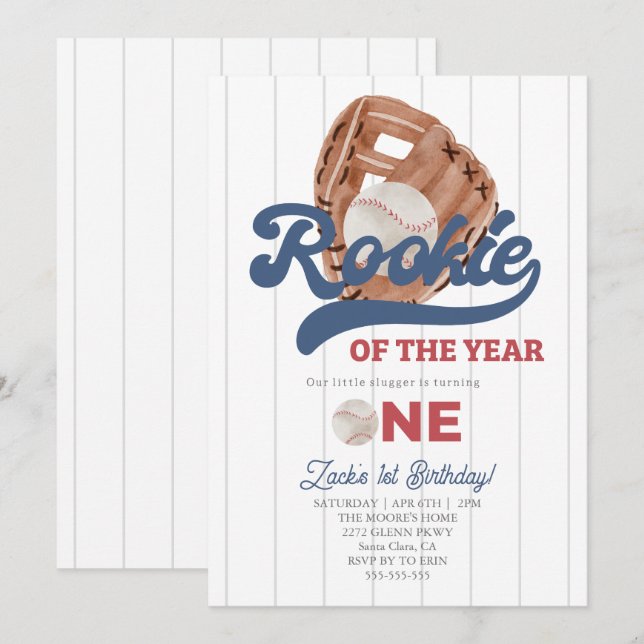 Rookie Baseball glove Boys 1st Birthday Invitation (Front/Back)