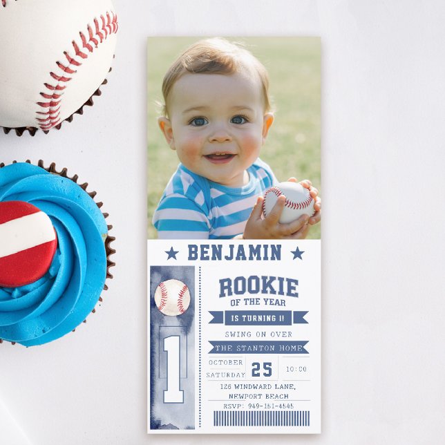 Rookie Baseball Photo Blue Boy Birthday Invitation (rookie of the year birthday invite boy photo template blue milestone invitation ticket)