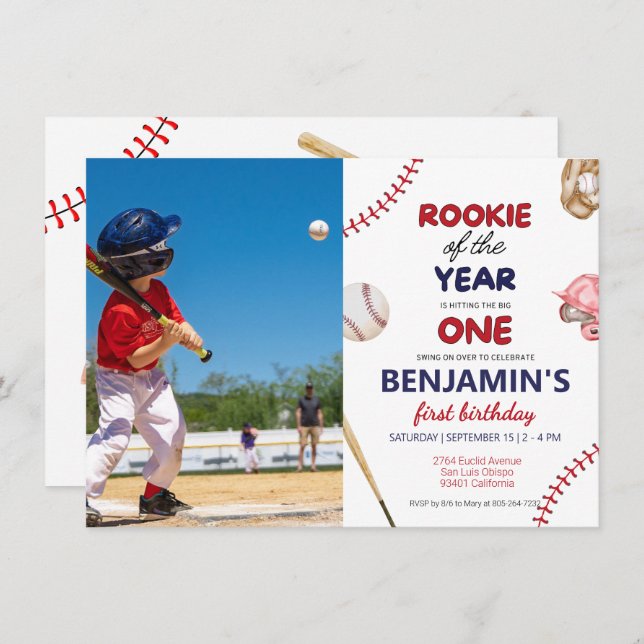 Rookie baseball red blue 1st birthday Photo Invitation (Front/Back)