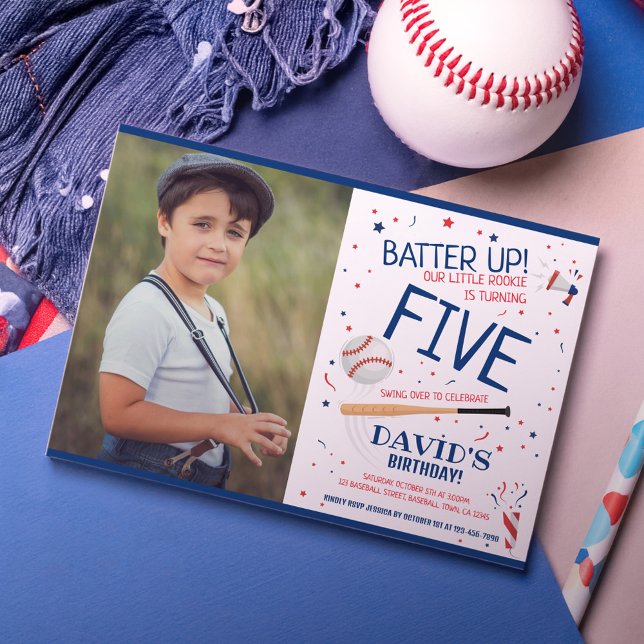 Rookie Batter Up Blue Baseball Photo Birthday Invitation (Creator Uploaded)