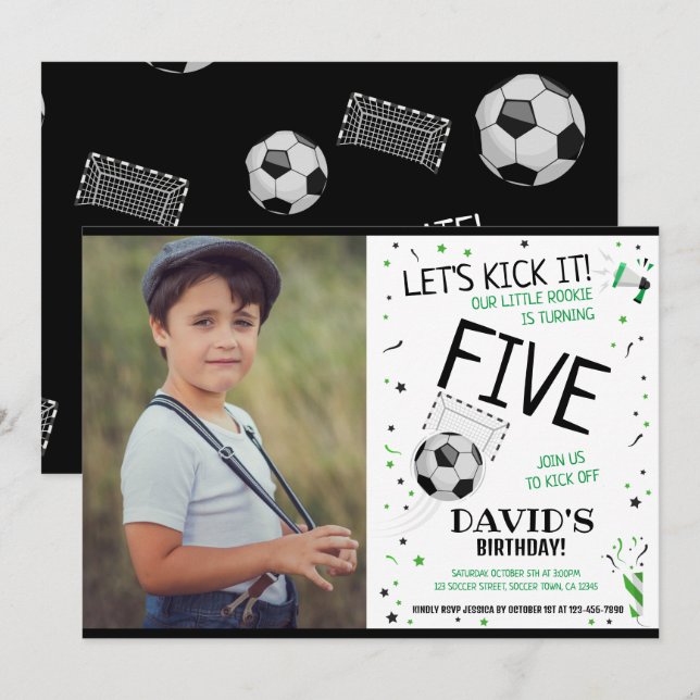 Rookie Let's Kick It Black Soccer Photo Birthday Invitation (Front/Back)