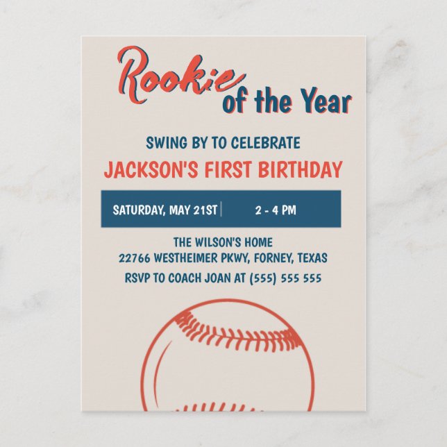 Rookie of the Year 1st Baseball Birthday Party Postcard (Front)