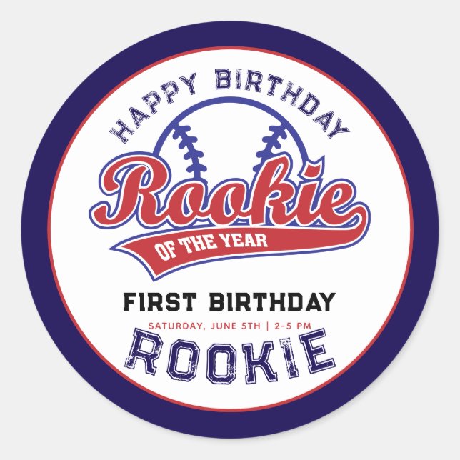 Rookie of the Year 1st birthday baseball Classic Round Sticker (Front)