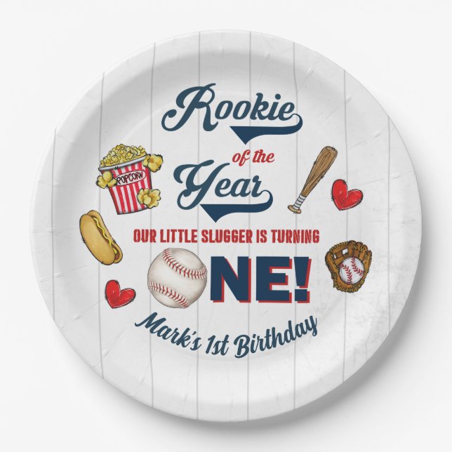 Rookie of the Year 1st Birthday Baseball Party Paper Plate (Front)