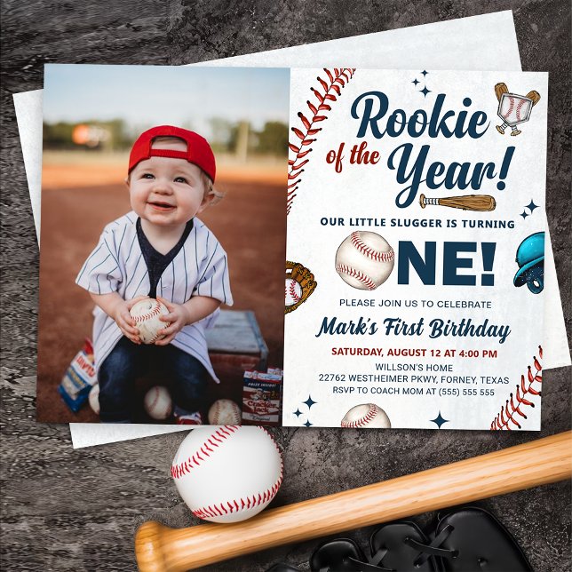 Rookie of the Year 1st Birthday Baseball Photo Invitation (Creator Uploaded)
