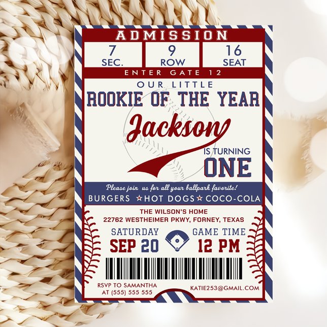 Rookie of the Year 1st Birthday Baseball Ticket Invitation (Creator Uploaded)