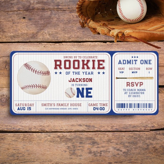 Rookie of the Year 1st Birthday Baseball Ticket Invitation (Creator Uploaded)