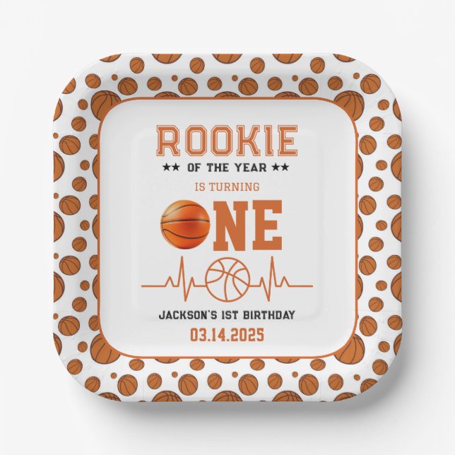 Rookie of the Year 1st Birthday Basketball  Paper Plate (Front)