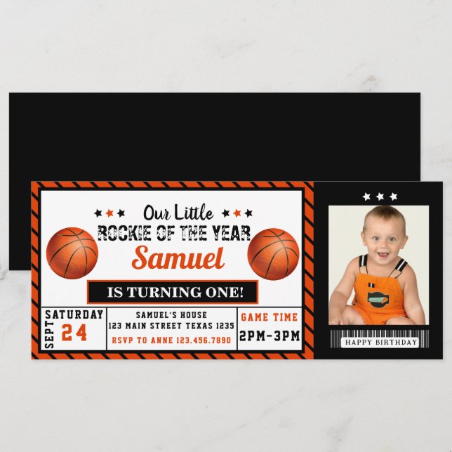 Rookie of the Year 1st Birthday Basketball Photo Invitation (Front/Back)