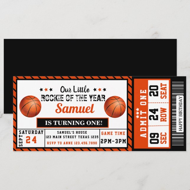 Rookie of the Year 1st Birthday Basketball Ticket Invitation (Front/Back)