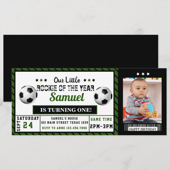 Rookie of the Year 1st Birthday Soccer Photo Invitation (Front/Back)
