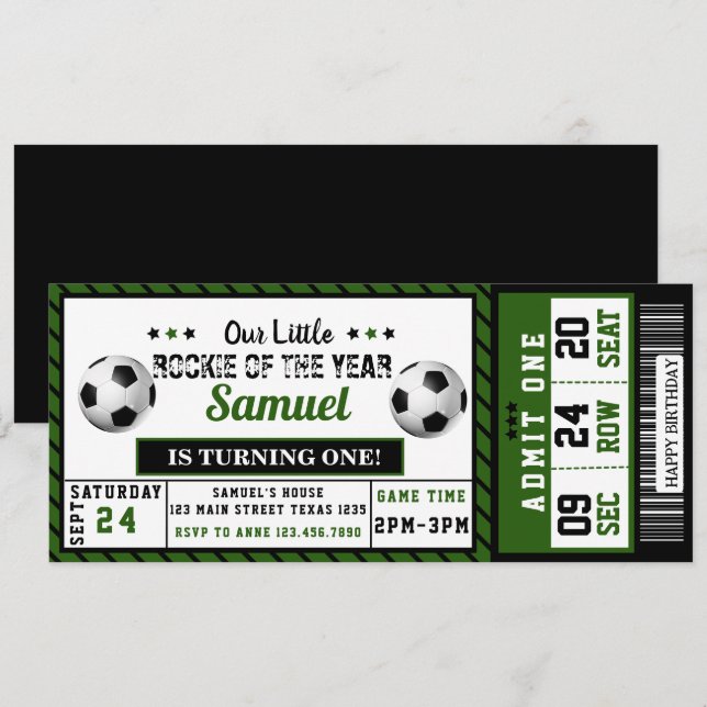 Rookie of the Year 1st Birthday Soccer Ticket Invitation (Front/Back)
