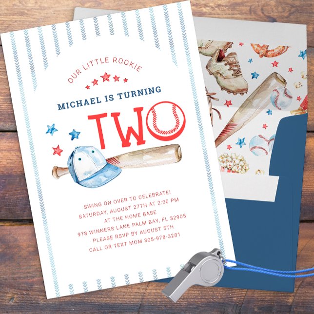 Rookie of the Year 2nd Birthday Baseball Party Invitation (Baseball Themed Birthday Party)