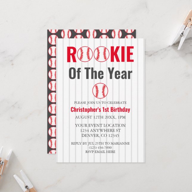 Rookie Of The Year Baseball 1st Birthday Invitation (Front/Back In Situ)