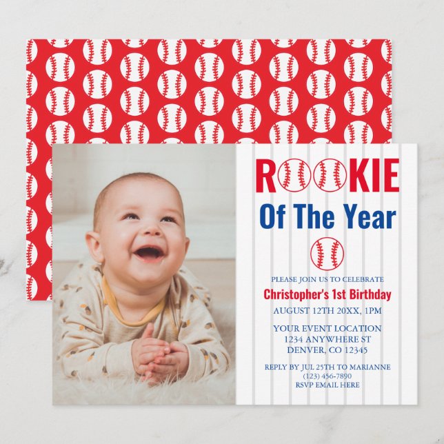 Rookie Of The Year Baseball 1st Birthday Invitation (Front/Back)