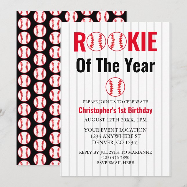 Rookie Of The Year Baseball 1st Birthday Invitation (Front/Back)