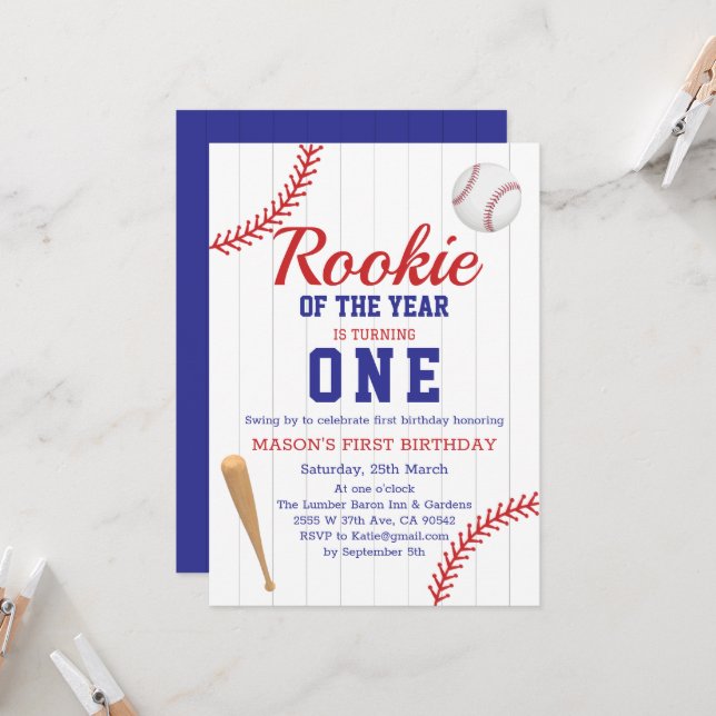 Rookie Of The Year Baseball 1st Birthday Invitation (Front/Back In Situ)