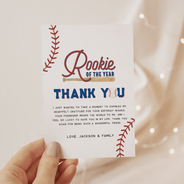 Rookie of the Year Baseball 1st Birthday Party Inv Thank You Card (Creator Uploaded)