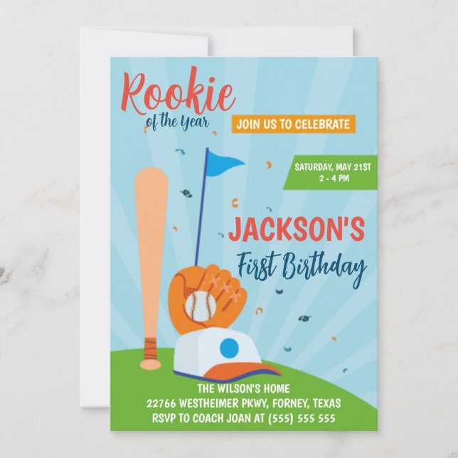 Rookie of the Year Baseball 1st Birthday Party Invitation (Front)