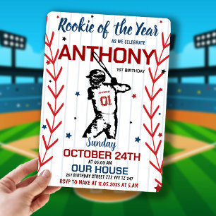 Rookie Of The Year   Baseball 1ST Birthday Party Invitation