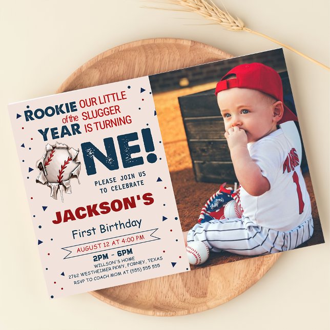 Rookie of the Year Baseball 1st Birthday Photo Invitation (Creator Uploaded)