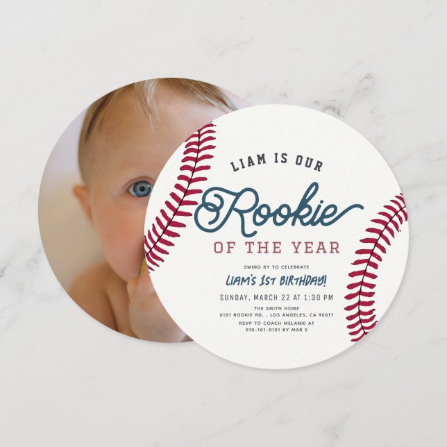 Rookie of the Year Baseball 1st Birthday Photo Invitation (Front/Back)
