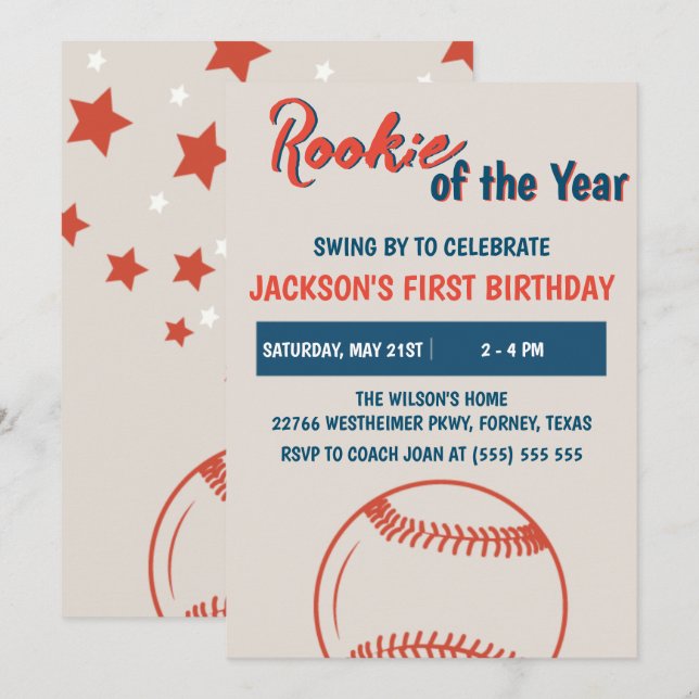 Rookie of the Year Baseball Birthday Party Invitation (Front/Back)