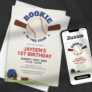 Rookie of the Year Baseball Red Blue Birthday Invitation