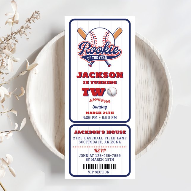 Rookie Of The Year Baseball Ticket 2nd Birthday Invitation (Creator Uploaded)