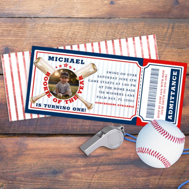 Rookie of the Year Baseball Ticket Birthday  Invitation (Baseball Ticket Birthday Party Invitation)