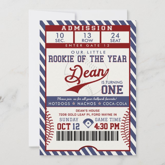 Rookie of the Year Birthday Baseball Ticket Invitation (Front)