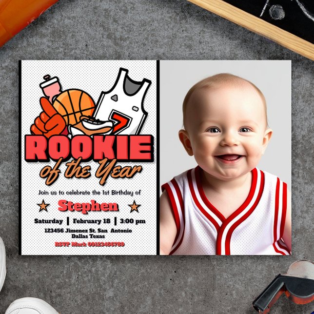 Rookie of the Year - Boy First Birthday Basketball Invitation (Rookie of the Year - Boy First Birthday Basketball Landscape Invitation with Photo Picture)