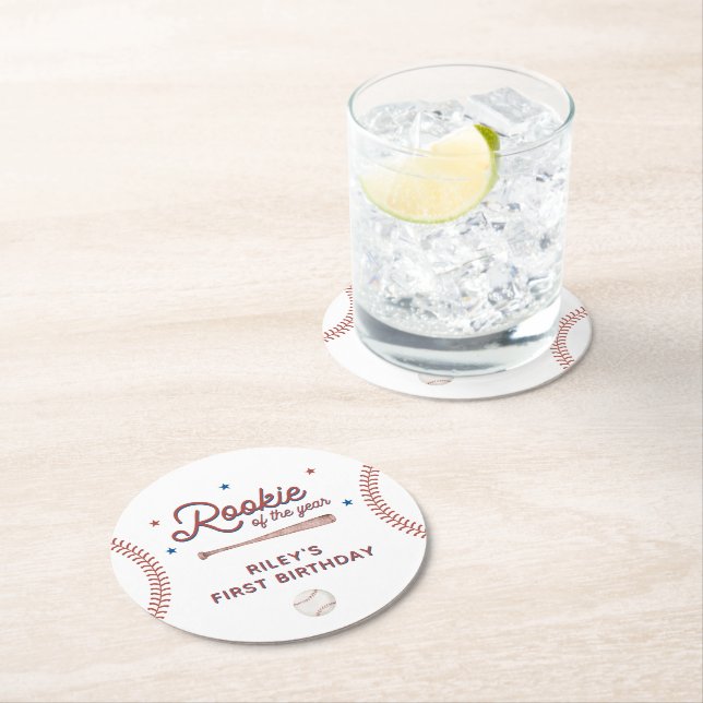 Rookie of the Year First Birthday Party Round Paper Coaster (Insitu)