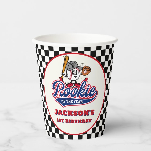 Rookie Of The Year Personalised Baseball Birthday Paper Cups (Front)