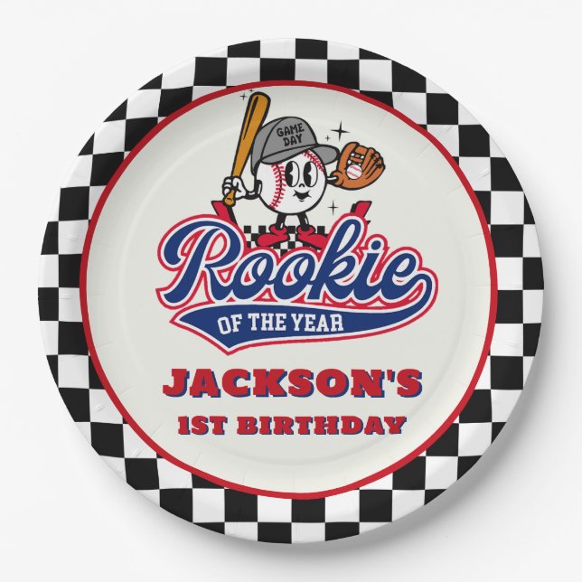 Rookie Of The Year Personalised Baseball Birthday Paper Plate (Front)