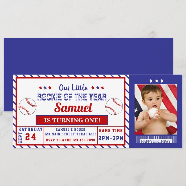 Rookie Year 1st Birthday Baseball Ticket  Photo  Invitation (Front/Back)