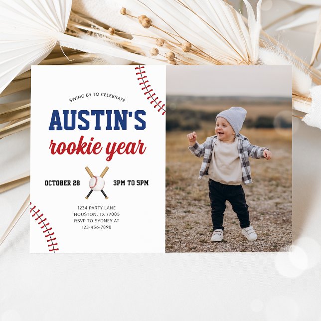 Rookie Year Baseball 1st Birthday Photo Invitation (Creator Uploaded)