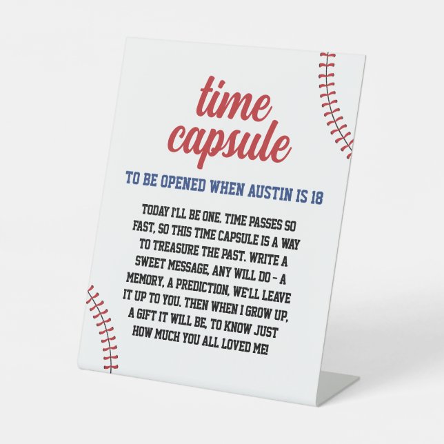 Rookie Year Baseball 1st Birthday Time Capsule Pedestal Sign (Front)