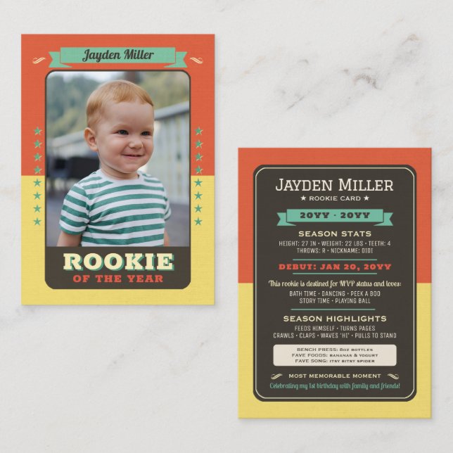 Rookie Year Baseball 1st Birthday Trading Card (Front/Back)