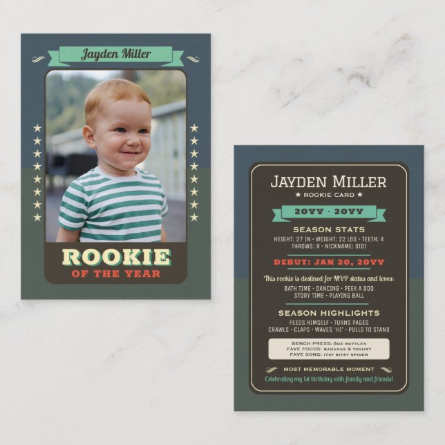 Rookie Year Baseball 1st Birthday Trading Card (Front/Back)