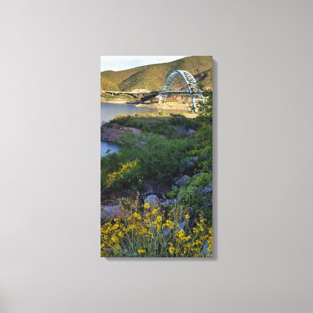 Roosevelt Lake Bridge Arizona Yellow Wildflowers Canvas Print (Front)