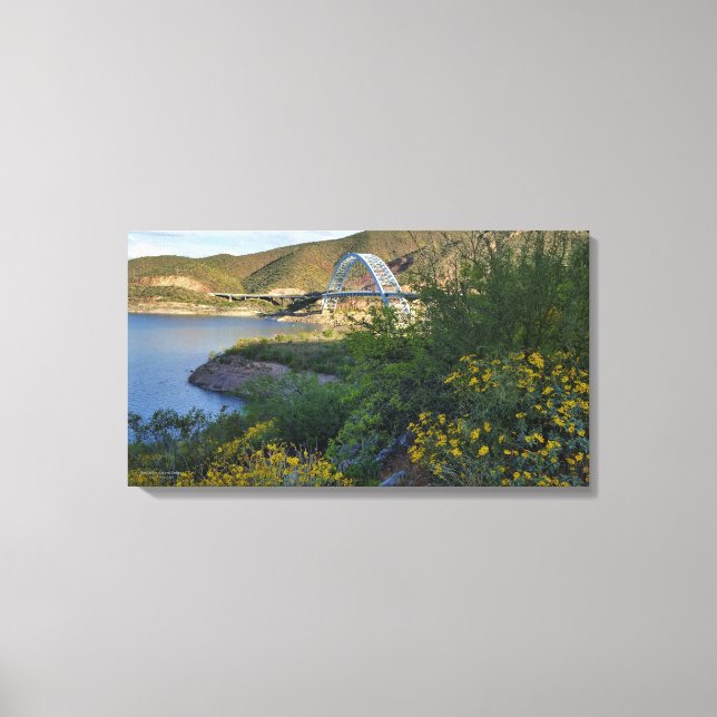 Roosevelt Lake Bridge Arizona Yellow Wildflowers Canvas Print (Front)