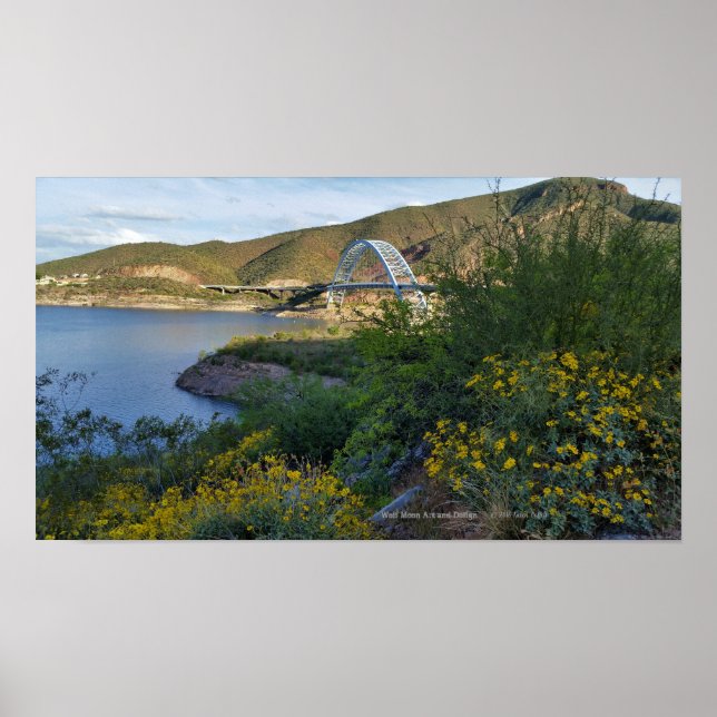 Roosevelt Lake Bridge Arizona Yellow Wildflowers Poster (Front)