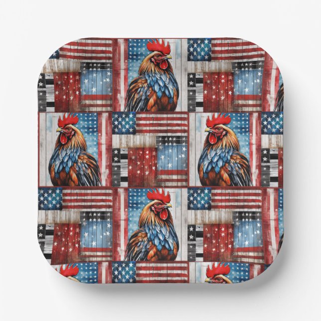 Rooster American Flag Folk art Paper Plate (Front)