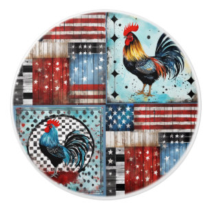 Rooster American Folk art Flag Quilt Ceramic Knob