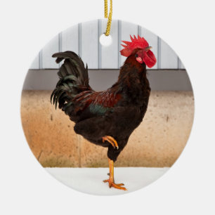 Rooster and Chick round ceramic Christmas ornament
