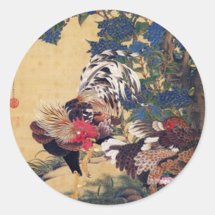 Rooster and Hen Classic Round Sticker