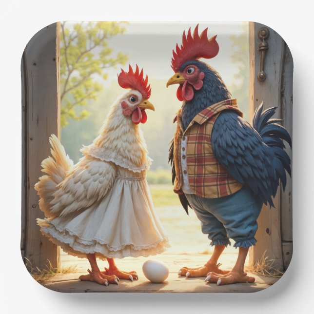 Rooster and Hen Humour Paper Plate (Front)