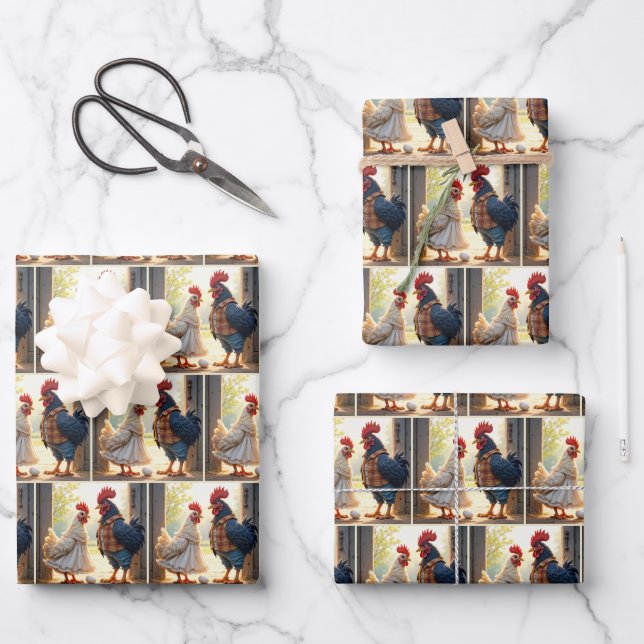 Rooster and Hen Humour Wrapping Paper Sheet (Front)